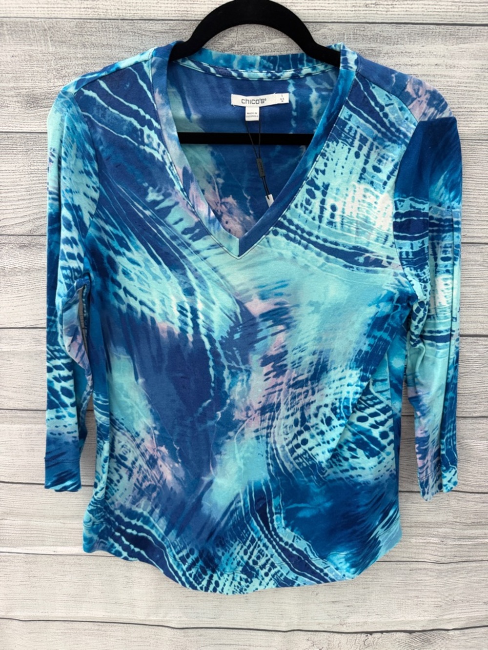Chico's Teal & Navy Abstract V-Neck Long Sleeve Top
